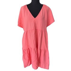 Universal Thread Womens XL Coral Pink Linen Blend Tiered Babydoll Dress V-Neck